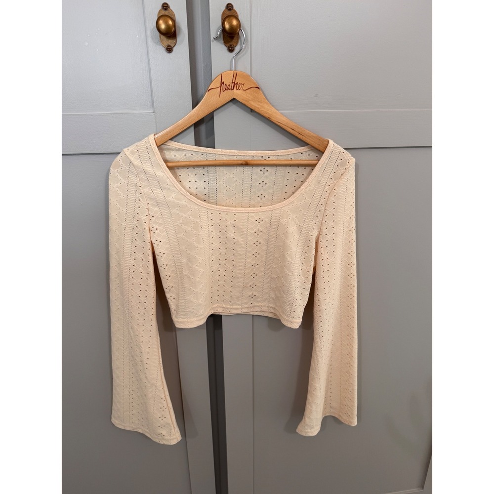 Pointelle Knit Crop Top Long Bell Sleeve Scoop Neck Cream Boho Festival Shirt